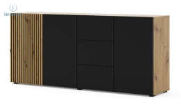 BIM FURNITURE - nowoczesna/loftowa komoda z szufladami AURIS 3D3S, 180x82 cm - dąb artisan/czarny