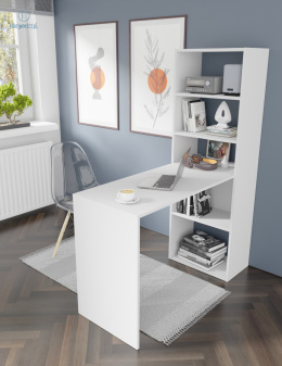 BIM FURNITURE - nowoczesne biurko z półkami HARMONY WHITE, 150x120 cm, kolor biały mat