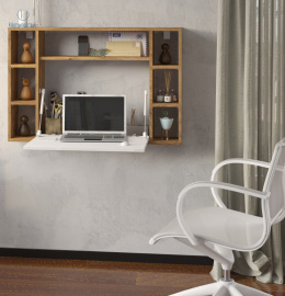 BIM FURNITURE - składane, ścienne biurko z półkami MUSE BURGUND & WHITE, 94x62 cm, kolor dąb burgund/biały połysk