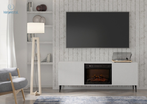 BIM FURNITURE - nowoczesna szafka RTV z kominkiem elektrycznym RAVENNA 2D, 170x63 cm biała