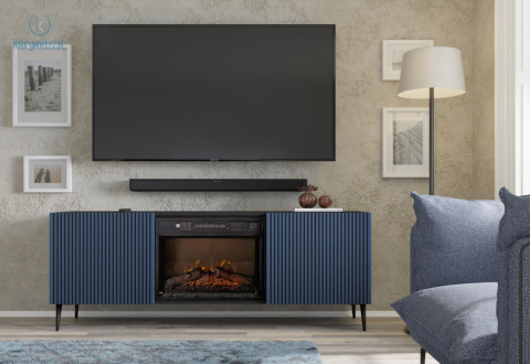 BIM FURNITURE - nowoczesna szafka RTV z kominkiem elektrycznym RAVENNA 2D, 170x63 cm czarna/navy blue